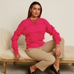 BRODIE CASHMERE Faye Fringe Cashmere Crew Sweater Hot Neon Pink Sz S {3K34}